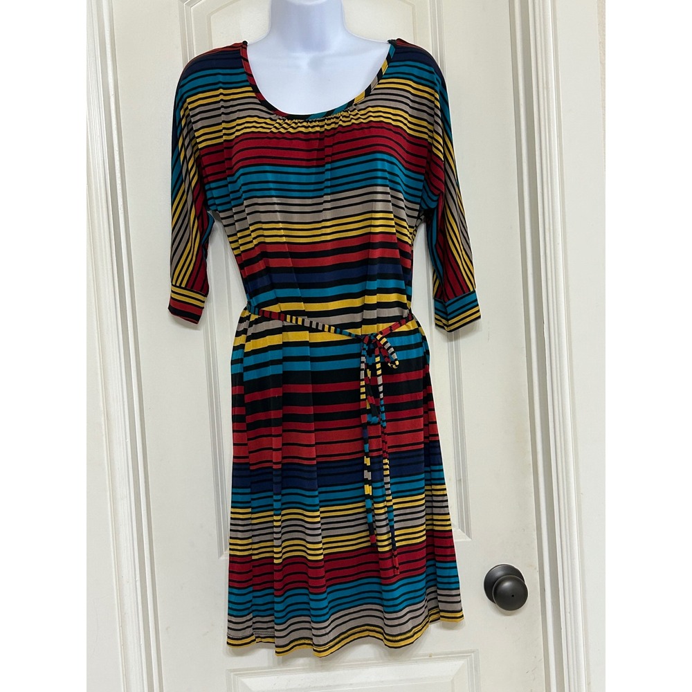 Ellen‎ Parker Striped Dress Womens Small Multicolor 3/4 Sleeve Tie Waist size S